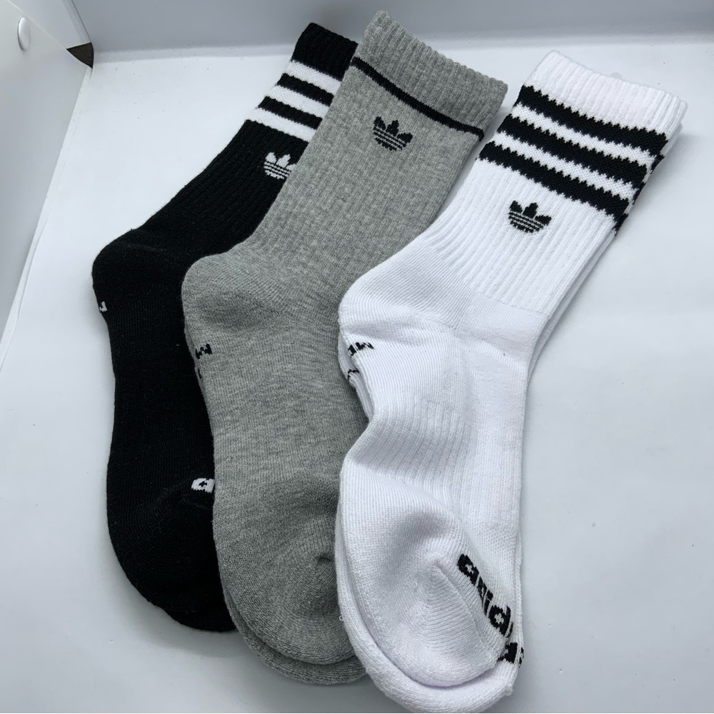(3) Adidas Trio Pack Crew Socks in Black, Gray, and White